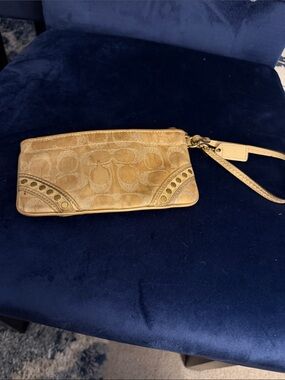 Coach Gold/ Tan Signature Canvas Wristlet with Stud Accents